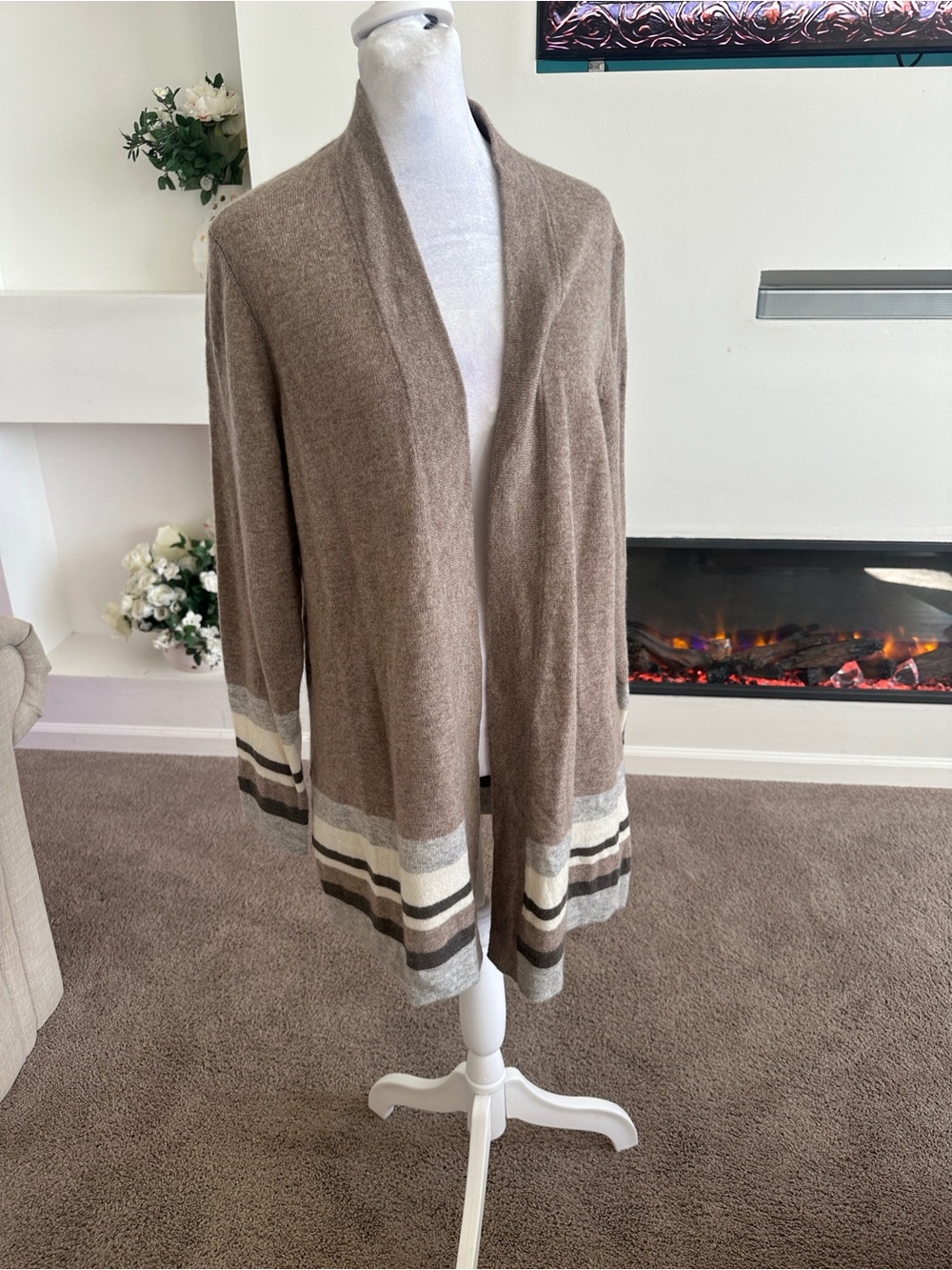 Charter Club Taupe Open-Front Cardigan with Striped Hem 100% cahsmere